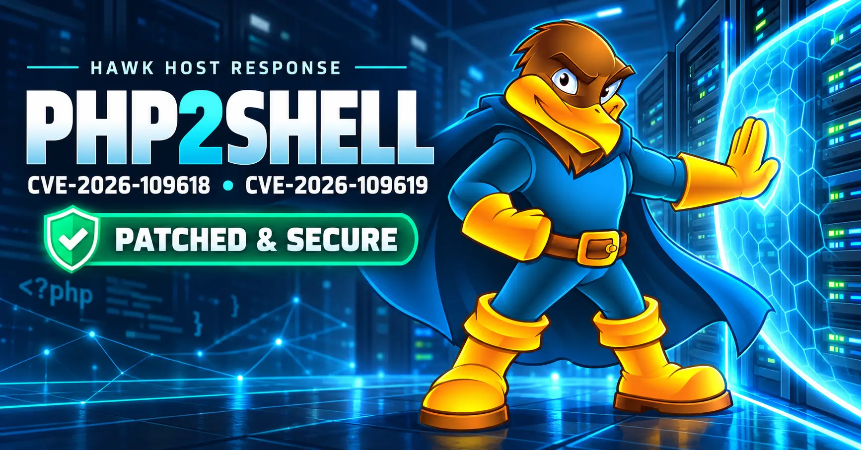 Hawk Host mascot protecting web servers behind a digital shield, with PHP2Shell CVE details and a Patched & Secure status.